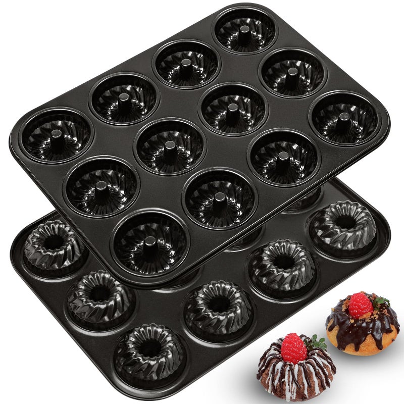 Webake 2 Pack Mini Fluted Tube Cake Pan, Non-Stick 2.8 Inch Cake Pans, Heavy Gauge Carbon Steel 12-Cavity - Image 1