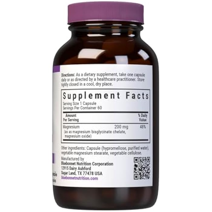 Bluebonnet Nutrition Albion Buffered Chelated Magnesium 200 mg, Magnesium Oxide, Stress Relief, Vegan, Non GMO, Gluten Free, Soy Free, Milk Free, Kosher, 60 Vegetable Capsules, 1 Month Supply - Image 2