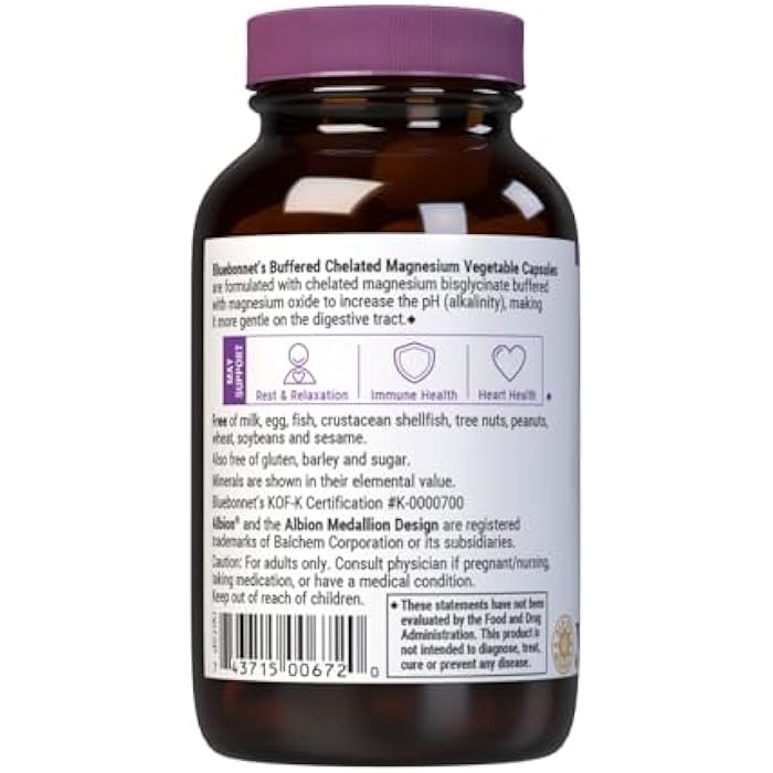 Bluebonnet Nutrition Albion Buffered Chelated Magnesium 200 mg, Magnesium Oxide, Stress Relief, Vegan, Non GMO, Gluten Free, Soy Free, Milk Free, Kosher, 60 Vegetable Capsules, 1 Month Supply - Image 3