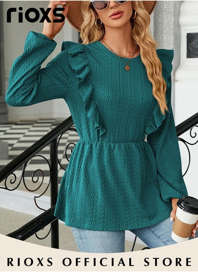 RIOXS Women's Round Neck High Waist Long Sleeve Blouse Shirt Pleated Stitching Jacquard Solid Color Elastic Hem Peplum Top  - Image 5