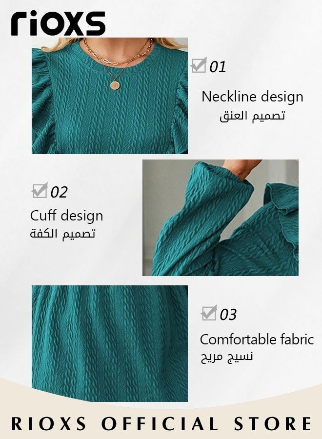 RIOXS Women's Round Neck Long Sleeve Ruffle T-Shirt, Loose Fit Lightweight Pullover Tunic Tops, Soft Comfortable Elastic Waist Blouse Shirt, Spring Fall Casual Breathable Jacquard Solid Color Tops, Suitable for Work / Office / Vacation / Travel / Basic Daily Wear, Green - Image 3