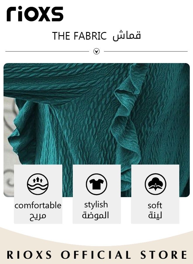 RIOXS Women's Round Neck Long Sleeve Ruffle T-Shirt, Loose Fit Lightweight Pullover Tunic Tops, Soft Comfortable Elastic Waist Blouse Shirt, Spring Fall Casual Breathable Jacquard Solid Color Tops, Suitable for Work / Office / Vacation / Travel / Basic Daily Wear, Green - Image 4
