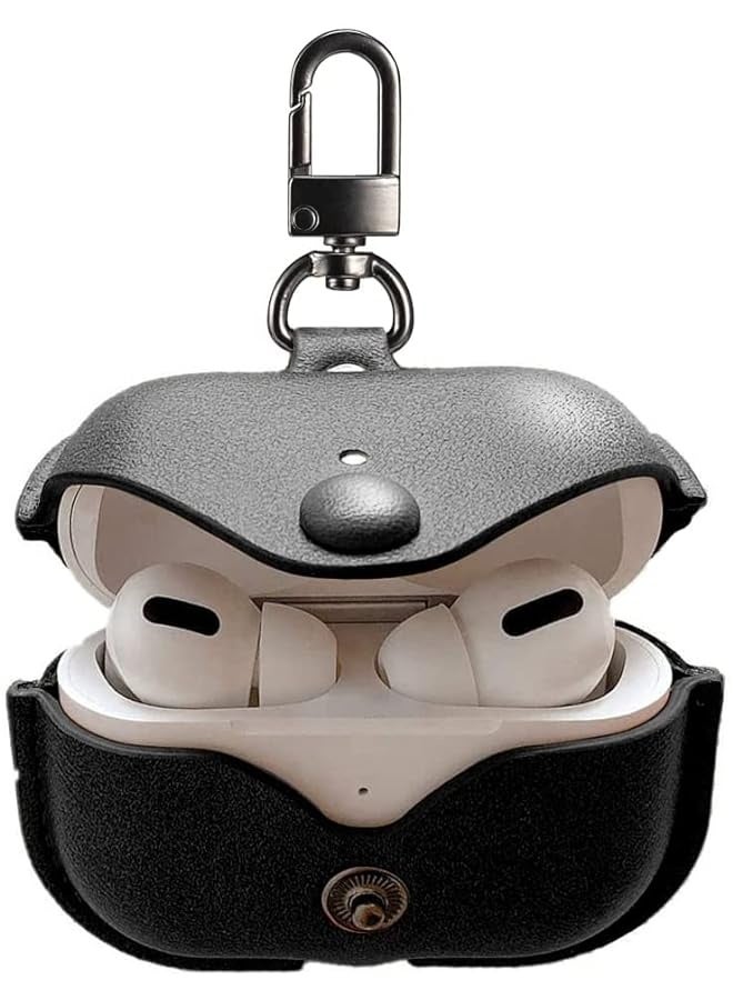 Genuine Leather Case Compatible With Air Pods Pro 2Nd Generation 2022 Protective Cover For Air Pods Pro 2 Wireless Charging Case Soft Leather Cover With Keychain Hook Black - Image 1