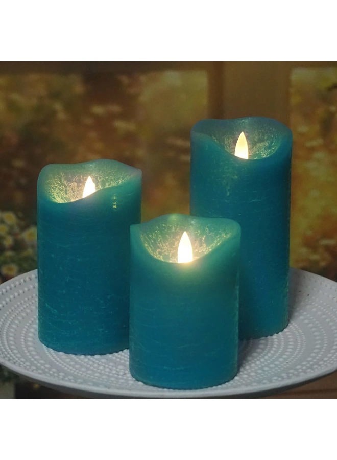 CANDLE CHOICE Real Wax Battery Operated Flameless Candles with Remote Automatic Daily Cycle Timer Realistic Flickering Electric LED Pillars Wedding Party Holiday Decorations 3 Pack Rustic Texture Teal - Image 3