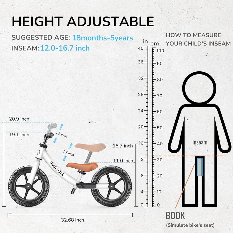 Umatoll Toddler Balance Bike for Ages 18 Months to 5 Years - Adjustable No-Pedal Kids Bike in White - Image 3