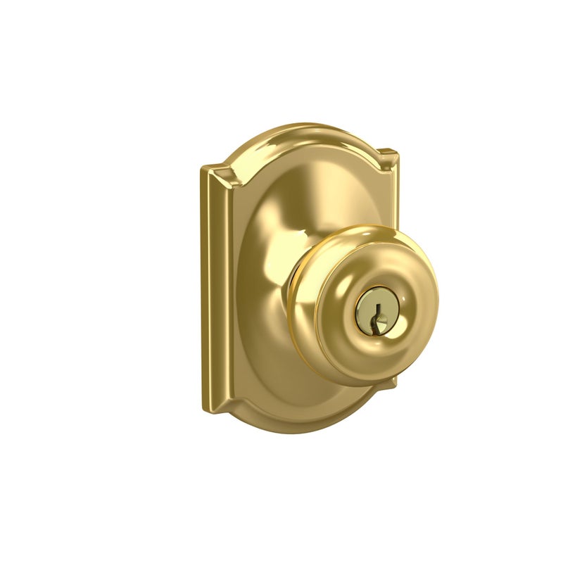 Schlage F51A GEO 605 CAM Georgian Knob with Camelot Trim Keyed Entry Lock Bright Brass - Image 2