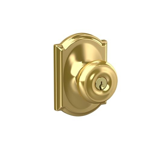 Schlage F51A GEO 605 CAM Georgian Knob with Camelot Trim Keyed Entry Lock Bright Brass - Image 1