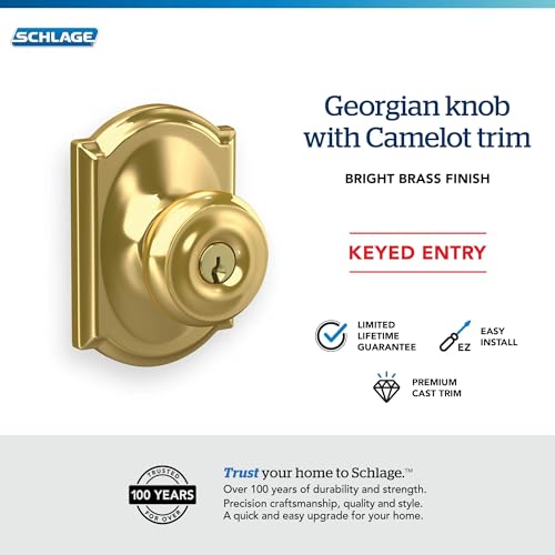 Schlage F51A GEO 605 CAM Georgian Knob with Camelot Trim Keyed Entry Lock Bright Brass - Image 3