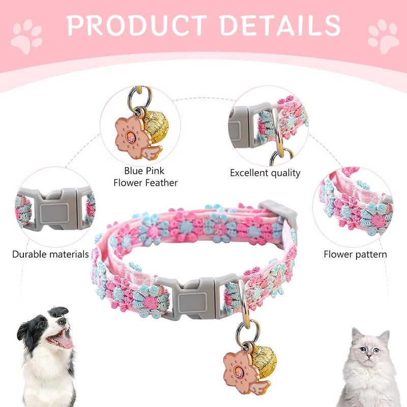 Qpets® طوق قطط مزهر، طوق قطط ملون لطيف مع جرس، سحر ساكورا مطرز يدوي قابل للتعديل مع إطلاق سريع لطوق حيوانات أليفة صغيرة، وردي مزهر - Image 3
