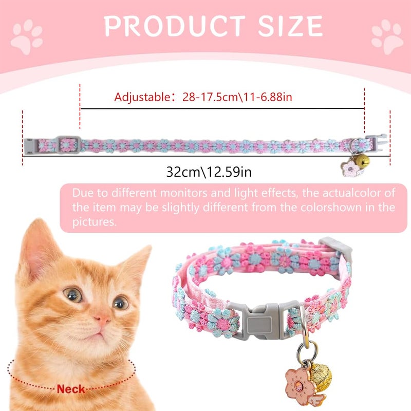 Qpets® طوق قطط مزهر، طوق قطط ملون لطيف مع جرس، سحر ساكورا مطرز يدوي قابل للتعديل مع إطلاق سريع لطوق حيوانات أليفة صغيرة، وردي مزهر - Image 2