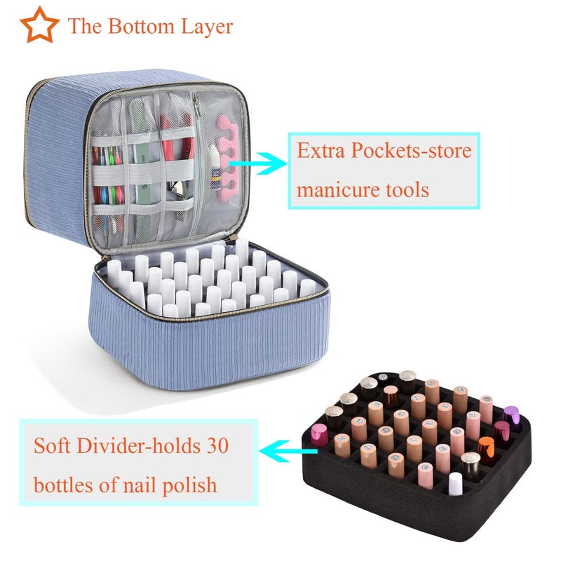 CTWWFS Corduroy Nail Polish Organizer and Nail Lamp Case, Nail Kit Organizer Holds 30 Bottles (15ml - 0.5 fl.oz) and a Nail Lamp, Nail Polish Carrying Case with Manicure Tools Storage Sections (Blue) - Image 5