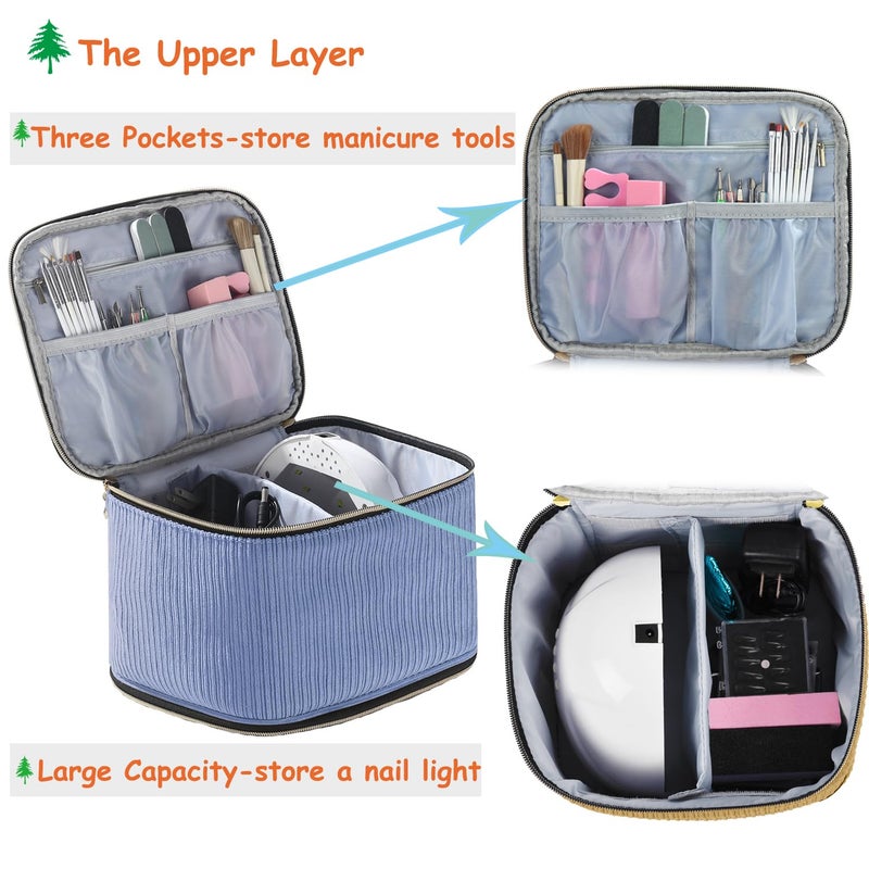 CTWWFS Corduroy Nail Polish Organizer and Nail Lamp Case, Nail Kit Organizer Holds 30 Bottles (15ml - 0.5 fl.oz) and a Nail Lamp, Nail Polish Carrying Case with Manicure Tools Storage Sections (Blue) - Image 4