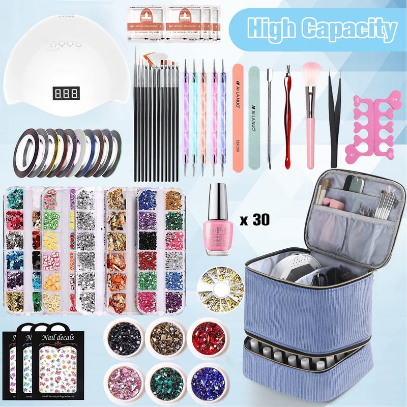 CTWWFS Corduroy Nail Polish Organizer and Nail Lamp Case, Nail Kit Organizer Holds 30 Bottles (15ml - 0.5 fl.oz) and a Nail Lamp, Nail Polish Carrying Case with Manicure Tools Storage Sections (Blue) - Image 2