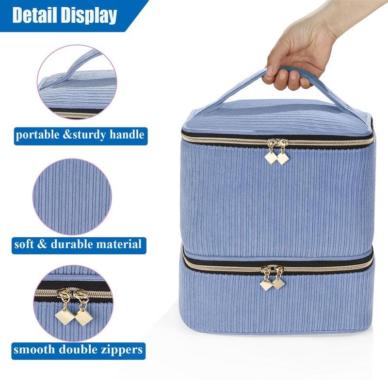 CTWWFS Corduroy Nail Polish Organizer and Nail Lamp Case, Nail Kit Organizer Holds 30 Bottles (15ml - 0.5 fl.oz) and a Nail Lamp, Nail Polish Carrying Case with Manicure Tools Storage Sections (Blue) - Image 3