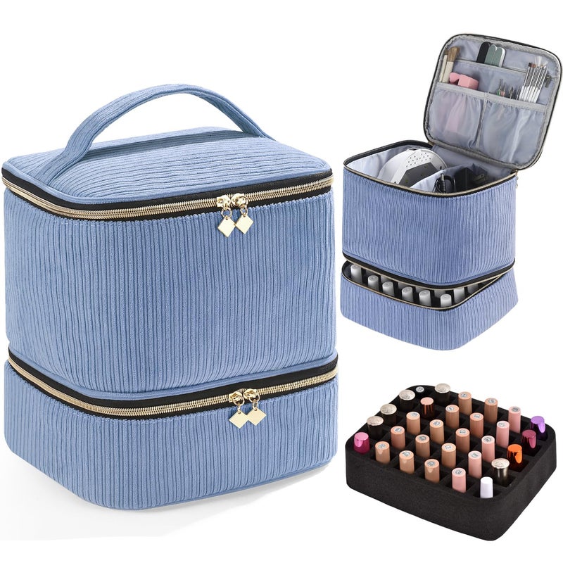 CTWWFS Corduroy Nail Polish Organizer and Nail Lamp Case, Nail Kit Organizer Holds 30 Bottles (15ml - 0.5 fl.oz) and a Nail Lamp, Nail Polish Carrying Case with Manicure Tools Storage Sections (Blue) - Image 1