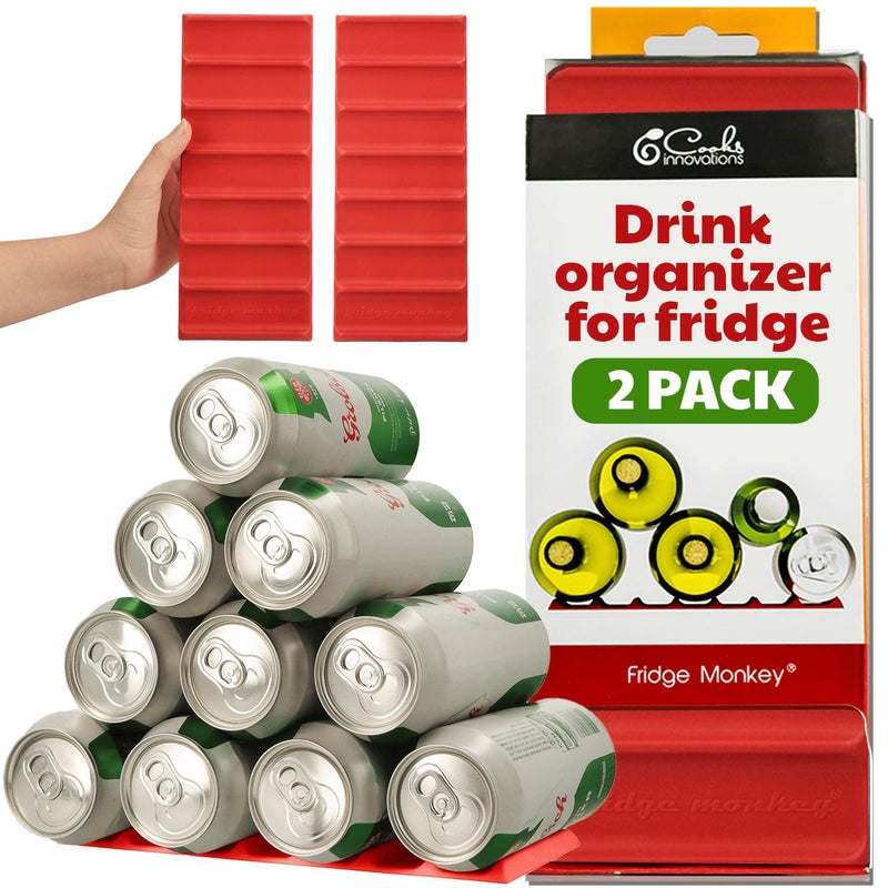 Cooks Innovations Drink Organizer for Fridge Soda Can Refrigerator Organizers and Storage BeerWineWater Bottle Holder Fridge Monkey  Durable NonSlip AntiRoll 2 pack Red