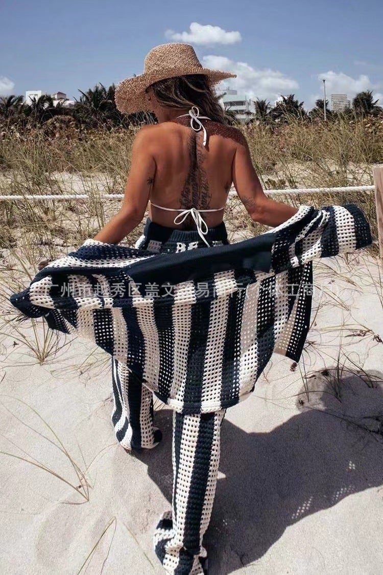Summer Womens Fashion V-Neck Hollow Stripe Loose Knitted Wide Leg Pants Shirt Set Comfortable Breathable Casual Outfit Black  - Image 1