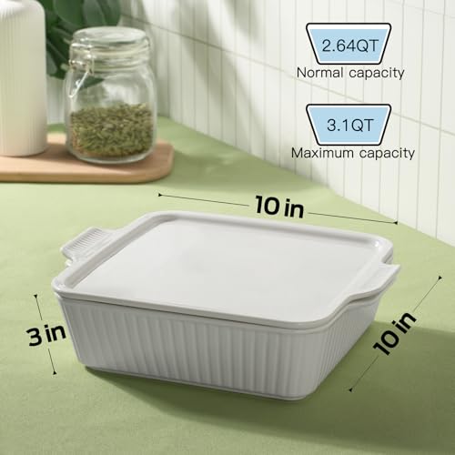 Dizada 10" Square Casserole Dish with Lid - 2-in-1 Porcelain Baking Dish 2.6 Qt, Oven to Table Ceramic Bakeware for Lasagna, Cake, Microwave Dishwasher Safe - Image 3