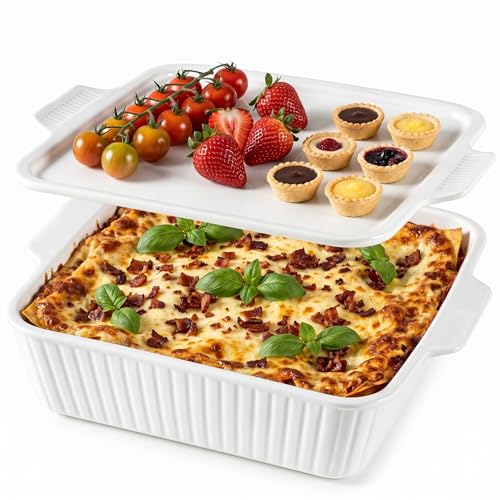 Dizada 10" Square Casserole Dish with Lid - 2-in-1 Porcelain Baking Dish 2.6 Qt, Oven to Table Ceramic Bakeware for Lasagna, Cake, Microwave Dishwasher Safe - Image 1