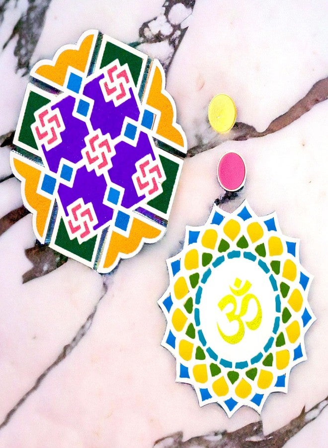 Satvik 2 Pc Different Design Portable MDF Rangoli 12 Inch Wooden Base Rangoli Stencil Rangoli Pallet for Floor Home Diwali Decoration, Pooja Decor DIY Reusable MDF Rangoli Mat with Wooden Base - Image 4