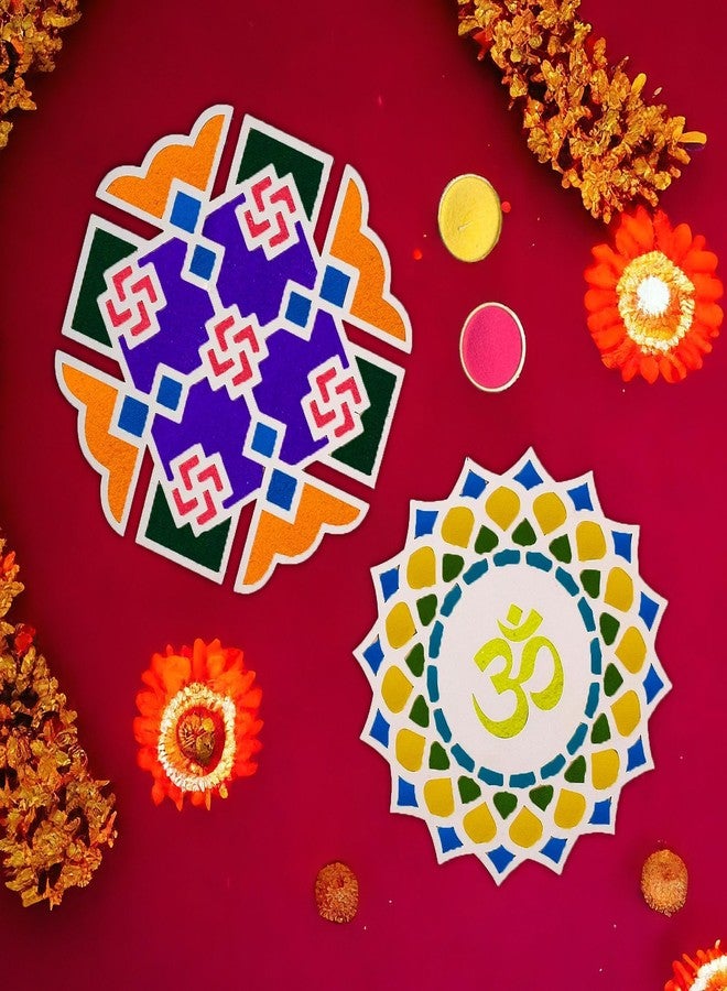 Satvik 2 Pc Different Design Portable MDF Rangoli 12 Inch Wooden Base Rangoli Stencil Rangoli Pallet for Floor Home Diwali Decoration, Pooja Decor DIY Reusable MDF Rangoli Mat with Wooden Base - Image 1