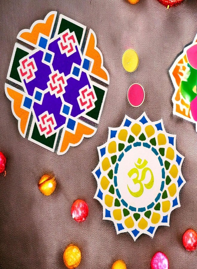 Satvik 2 Pc Different Design Portable MDF Rangoli 12 Inch Wooden Base Rangoli Stencil Rangoli Pallet for Floor Home Diwali Decoration, Pooja Decor DIY Reusable MDF Rangoli Mat with Wooden Base - Image 2