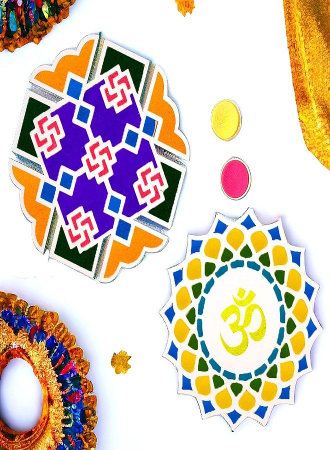Satvik 2 Pc Different Design Portable MDF Rangoli 12 Inch Wooden Base Rangoli Stencil Rangoli Pallet for Floor Home Diwali Decoration, Pooja Decor DIY Reusable MDF Rangoli Mat with Wooden Base - Image 5