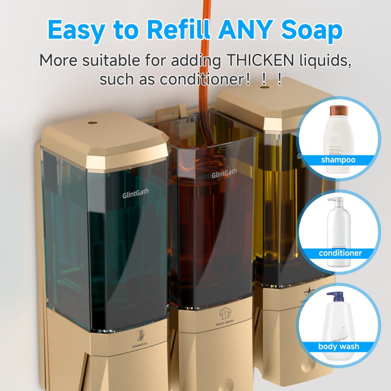 GlintGath Shampoo and Conditioner Dispenser,Shower Dispenser 3 Chamber No Drill Shampoo Dispenser for Shower Wall Mounted Shower Soap Dispenser for Bathroom Hotel,Large Capacity 3 * 500ML,Gold - Image 5