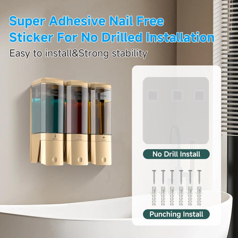 GlintGath Shampoo and Conditioner Dispenser,Shower Dispenser 3 Chamber No Drill Shampoo Dispenser for Shower Wall Mounted Shower Soap Dispenser for Bathroom Hotel,Large Capacity 3 * 500ML,Gold - Image 2