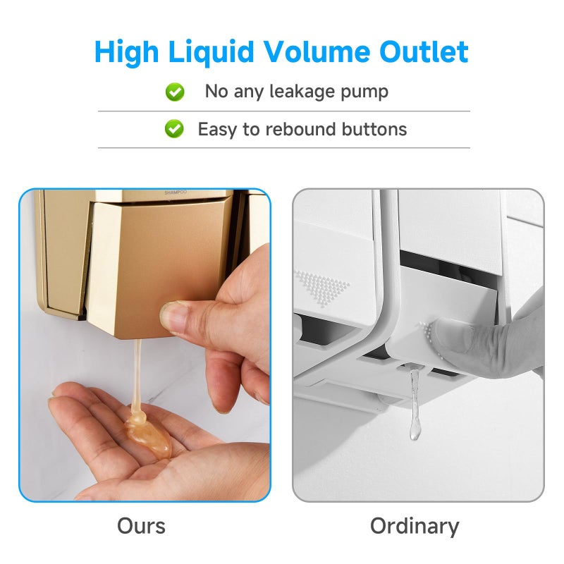 GlintGath Shampoo and Conditioner Dispenser,Shower Dispenser 3 Chamber No Drill Shampoo Dispenser for Shower Wall Mounted Shower Soap Dispenser for Bathroom Hotel,Large Capacity 3 * 500ML,Gold - Image 4