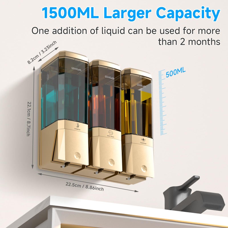 GlintGath Shampoo and Conditioner Dispenser,Shower Dispenser 3 Chamber No Drill Shampoo Dispenser for Shower Wall Mounted Shower Soap Dispenser for Bathroom Hotel,Large Capacity 3 * 500ML,Gold - Image 3