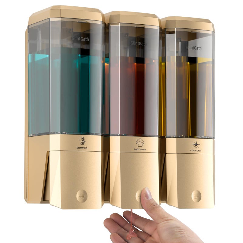 GlintGath Shampoo and Conditioner Dispenser,Shower Dispenser 3 Chamber No Drill Shampoo Dispenser for Shower Wall Mounted Shower Soap Dispenser for Bathroom Hotel,Large Capacity 3 * 500ML,Gold - Image 1