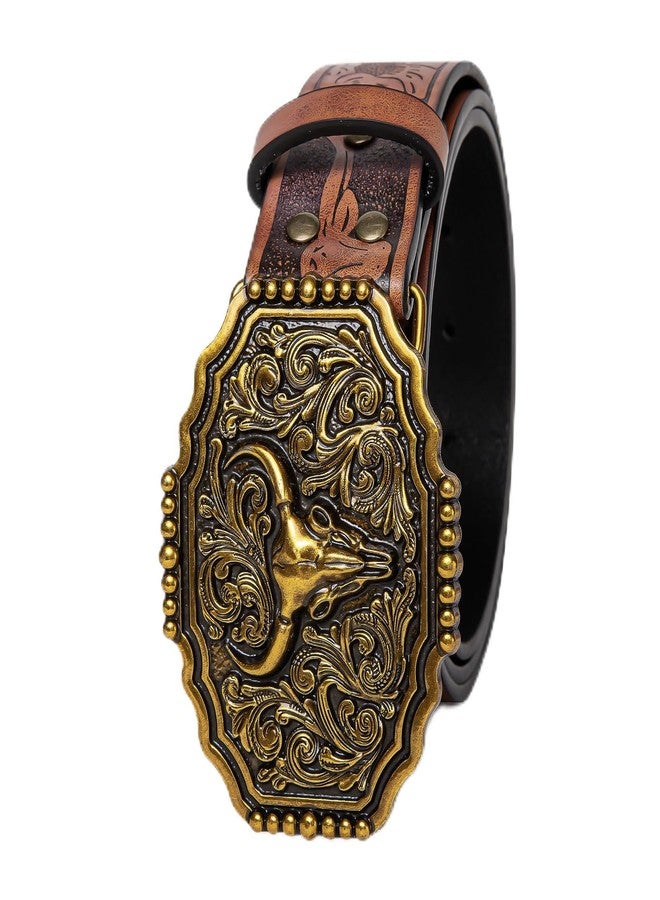 Dubulle Western Cowboy Belt Men's Longhorn Bull Big Buckle Engraved Adjustable Leather Strap for Jeans Casual - Image 1