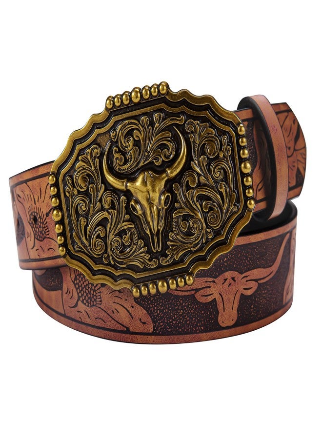 Dubulle Western Cowboy Belt Men's Longhorn Bull Big Buckle Engraved Adjustable Leather Strap for Jeans Casual - Image 4