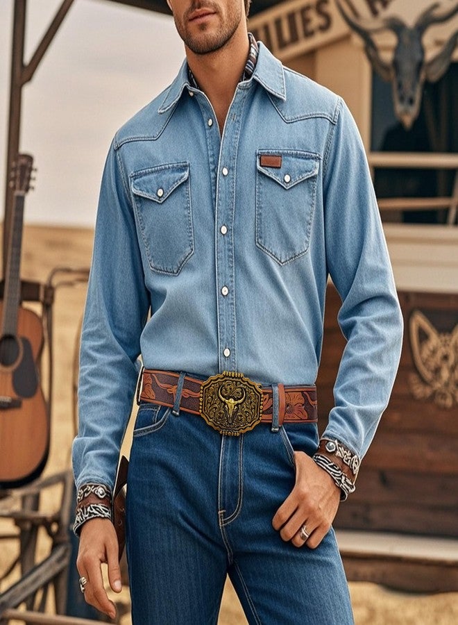 Dubulle Western Cowboy Belt Men's Longhorn Bull Big Buckle Engraved Adjustable Leather Strap for Jeans Casual - Image 2