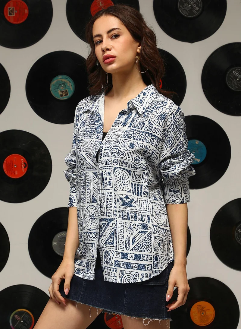Campus Sutra Women's Navy Blue Scripture Oversized Shirt