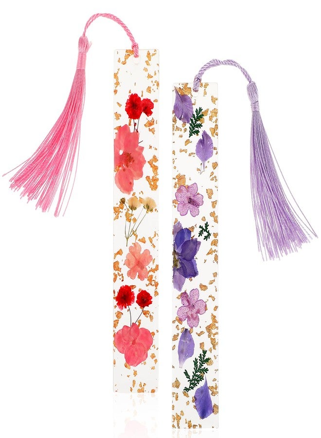 Dimeho 2 Pack Pressed Flower Bookmarks Clear Resin Tassels Book Marks Dried Floral Book Markers Durable Handmade Cute Book Marking Accessories Gift for Students Bookworms Increase Reading Interest - Image 1