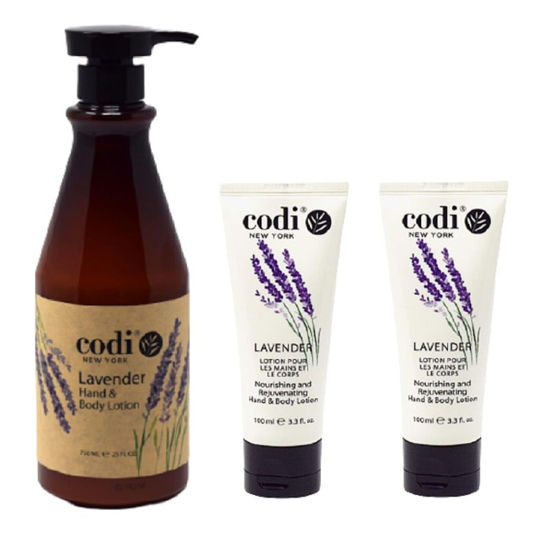 CODi Lavender Lotion  Lavender Body and Hand Lotion for Women and Men  Lavender Body Lotion with True English Lavender Scent  Less Greasy and Quick Absorbent  1 750ml Bottle and 2 100ml Tubes