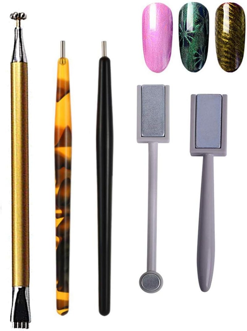 MWOOT 5Pcs Nail Magnet Tool Set Double Head Flower Design Nail Magnet Pen And Strong Magnet Stick Dotting pens For DIY 3D Magnetic Cat Eye UV Gel Polish Nail Art