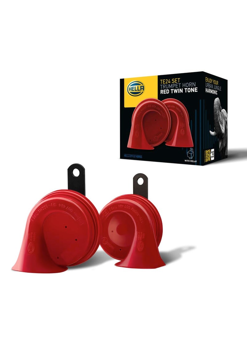 HELLA HELLA 007424801 Twin Trumpet High/Low Tone 12V Horn Kit with Bracket, Red  - Image 1