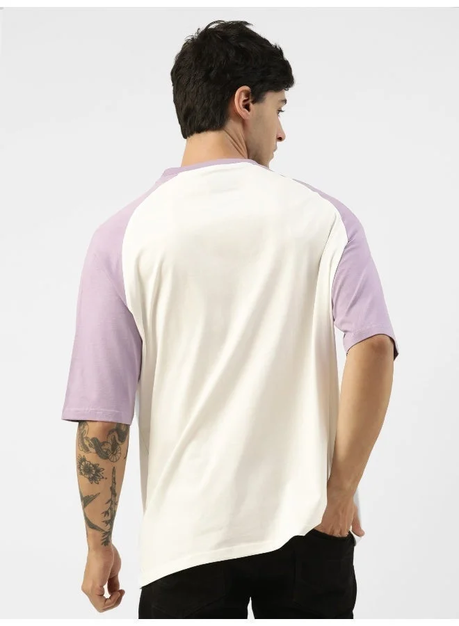 Maniac Maniac Mens Printed Round Neck Ragalan Half Sleeve White and Purple Cotton Oversized Tshirt