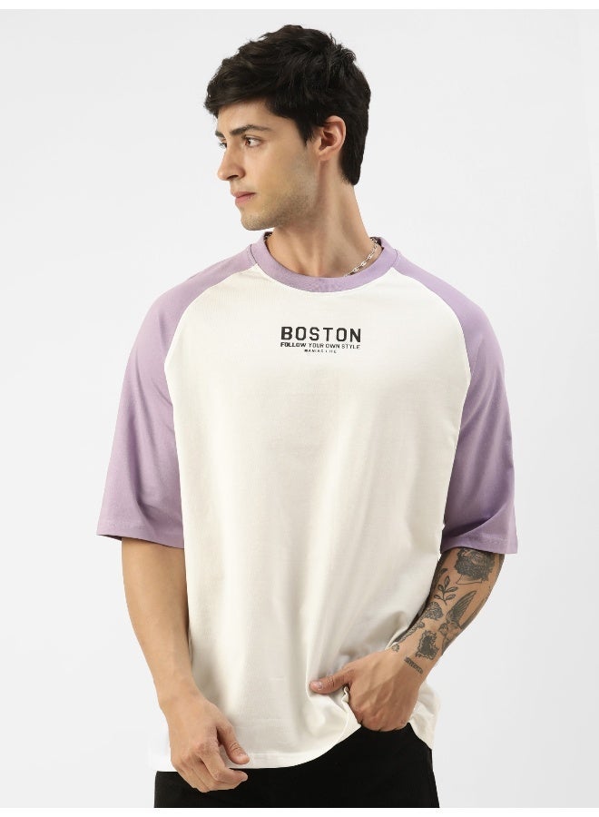 Maniac Mens Printed Round Neck Ragalan Half Sleeve White and Purple Cotton Oversized Tshirt - Image 1