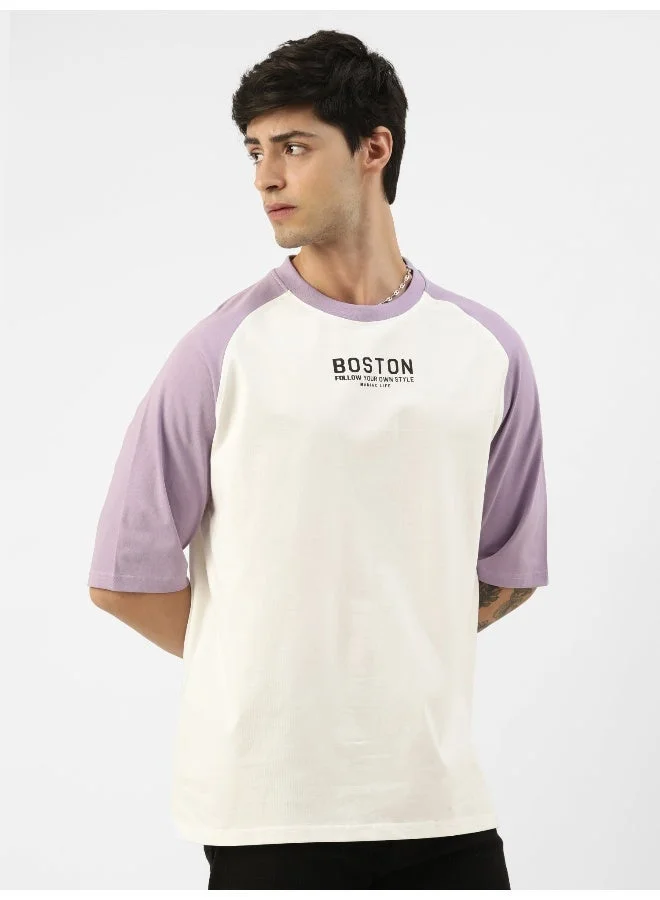 Maniac  Maniac Mens Printed Round Neck Ragalan Half Sleeve White and Purple Cotton Oversized Tshirt for Men | Best Price UAE