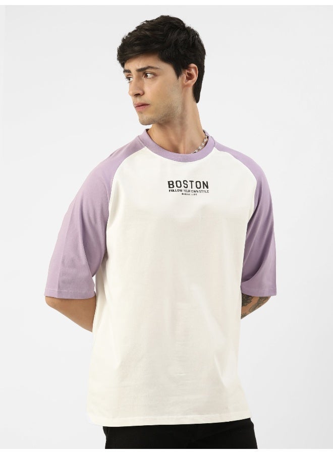 Maniac Mens Printed Round Neck Ragalan Half Sleeve White and Purple Cotton Oversized Tshirt - Image 3