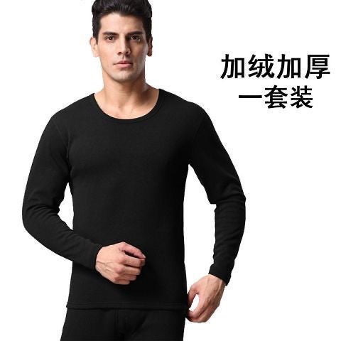 Middle-aged and Elderly Mens Autumn Clothes and Pants Skin-friendly Pure Cotton Sweater suit Thin plus size Round Neck Base Thermal Underwear velvet suit black 