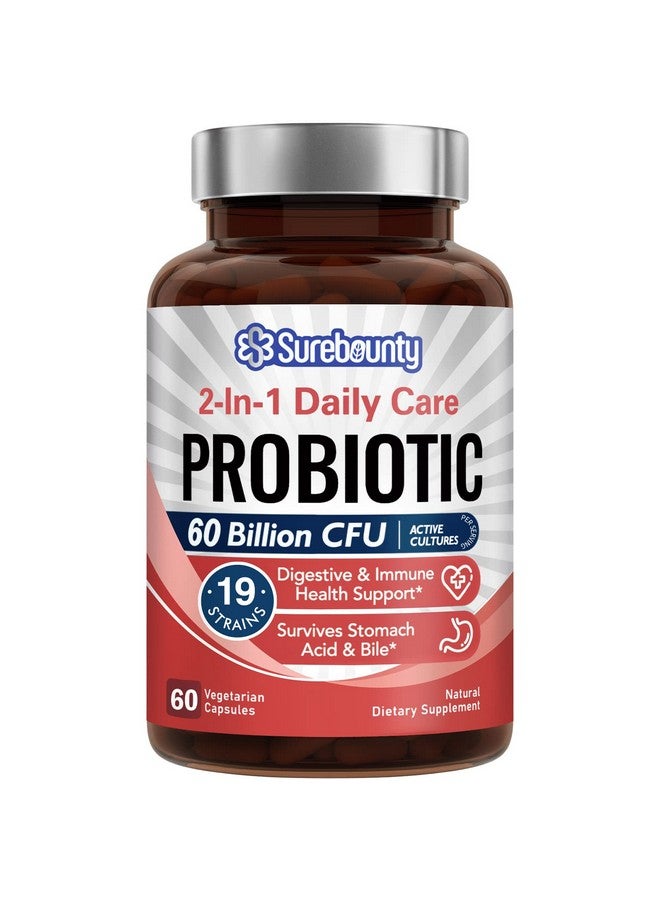 Surebounty سورباونتي بروبيوتيك 60 مليار CFU 19 سلالة للرجال والنساء، مع 100 ملغ من البريبايوتيك، مستقر على الرف، بروبيوتيك للعناية اليومية 2 في 1، غير معدّل وراثيًا، صحة الجهاز الهضمي والمناعة، 60 كبسولة نباتية - Image 1