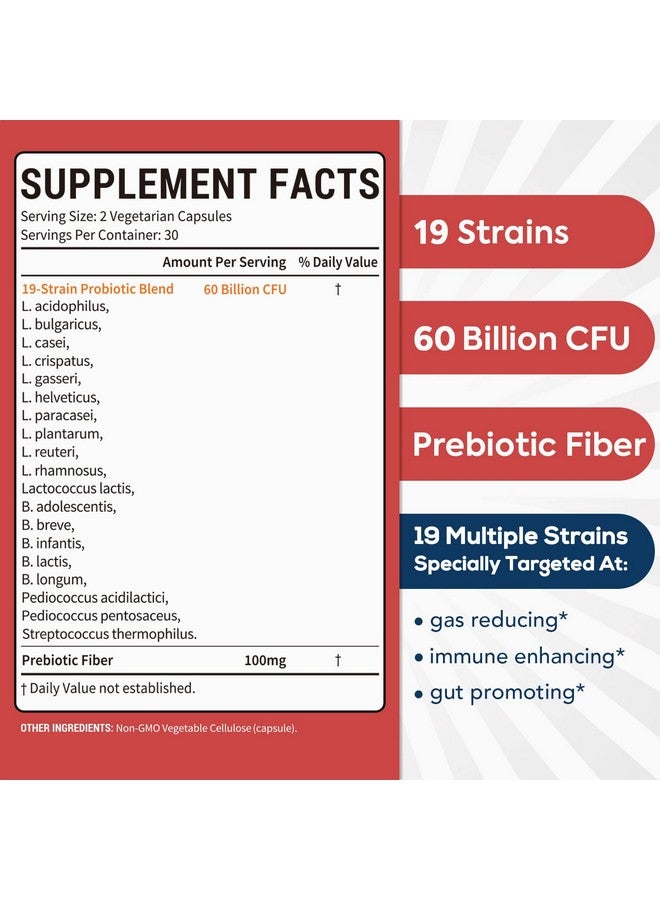 Surebounty سورباونتي بروبيوتيك 60 مليار CFU 19 سلالة للرجال والنساء، مع 100 ملغ من البريبايوتيك، مستقر على الرف، بروبيوتيك للعناية اليومية 2 في 1، غير معدّل وراثيًا، صحة الجهاز الهضمي والمناعة، 60 كبسولة نباتية - Image 2