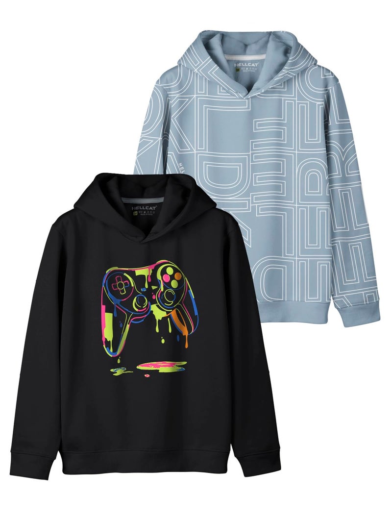 HELLCAT Boys Trendy Printed Cotton Blend Regular Hoodie Sweatshirt - Pack Of 2_Black / Bluish Grey_13-14 Years - Image 1