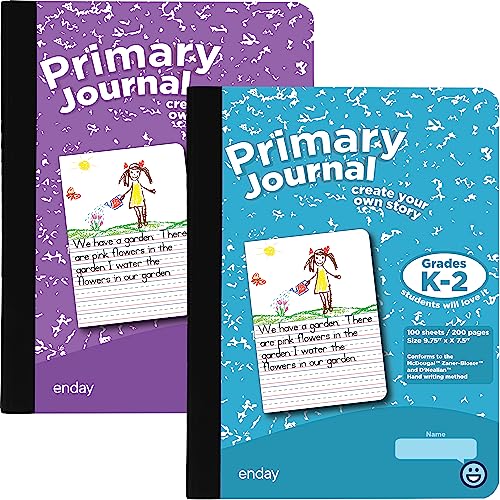 Enday دفتر يوميات إنداي الابتدائي للصفوف K-2، دفتر كتابة ابتدائي، دفتر ملاحظات مقاس نصف صفحة للأطفال، 100 ورقة، لون بنفسجي (عبوة 2) - Image 1