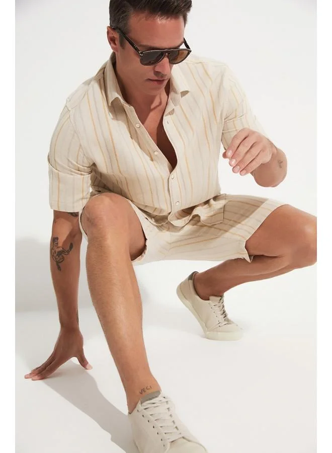 JUNE June Men Linen Look Striped Short Mustard - Beige